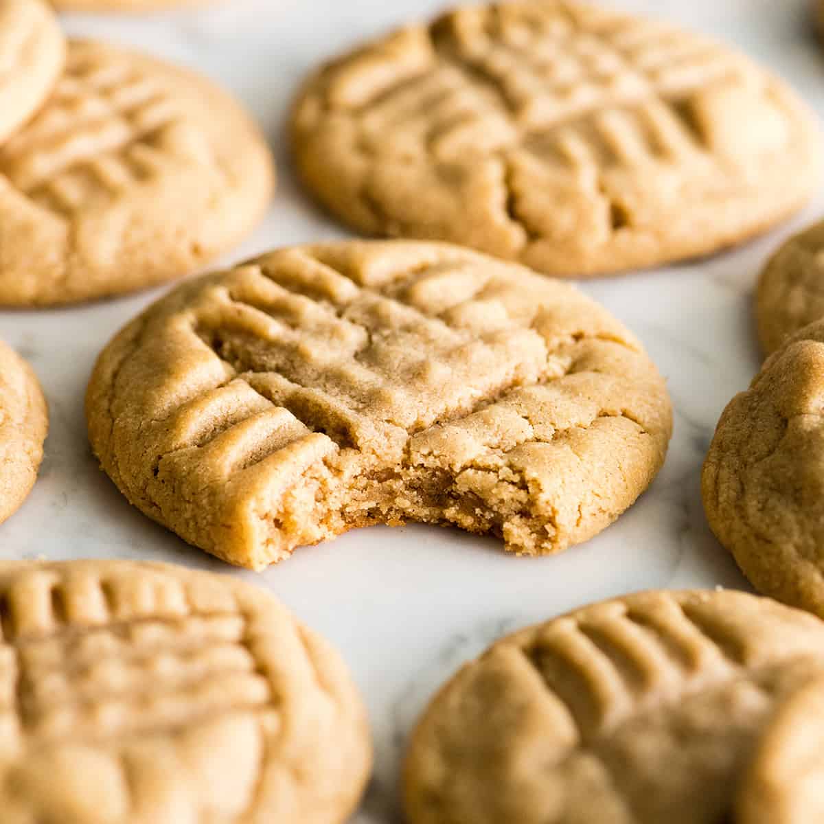 front view of a peanut butter cookie with a bite taken out of it