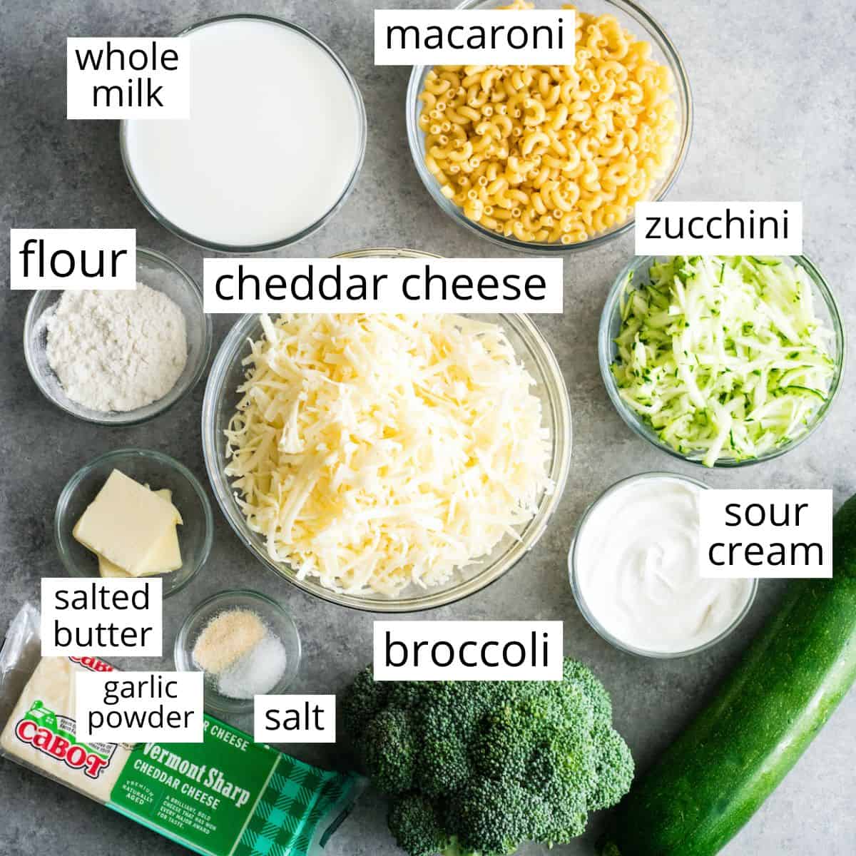 overhead photo of the labeled ingredients in this vegetable mac and cheese recipe