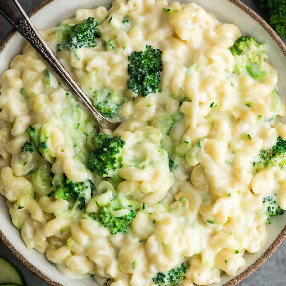 overhead view of a bowl of vegetable mac and cheese