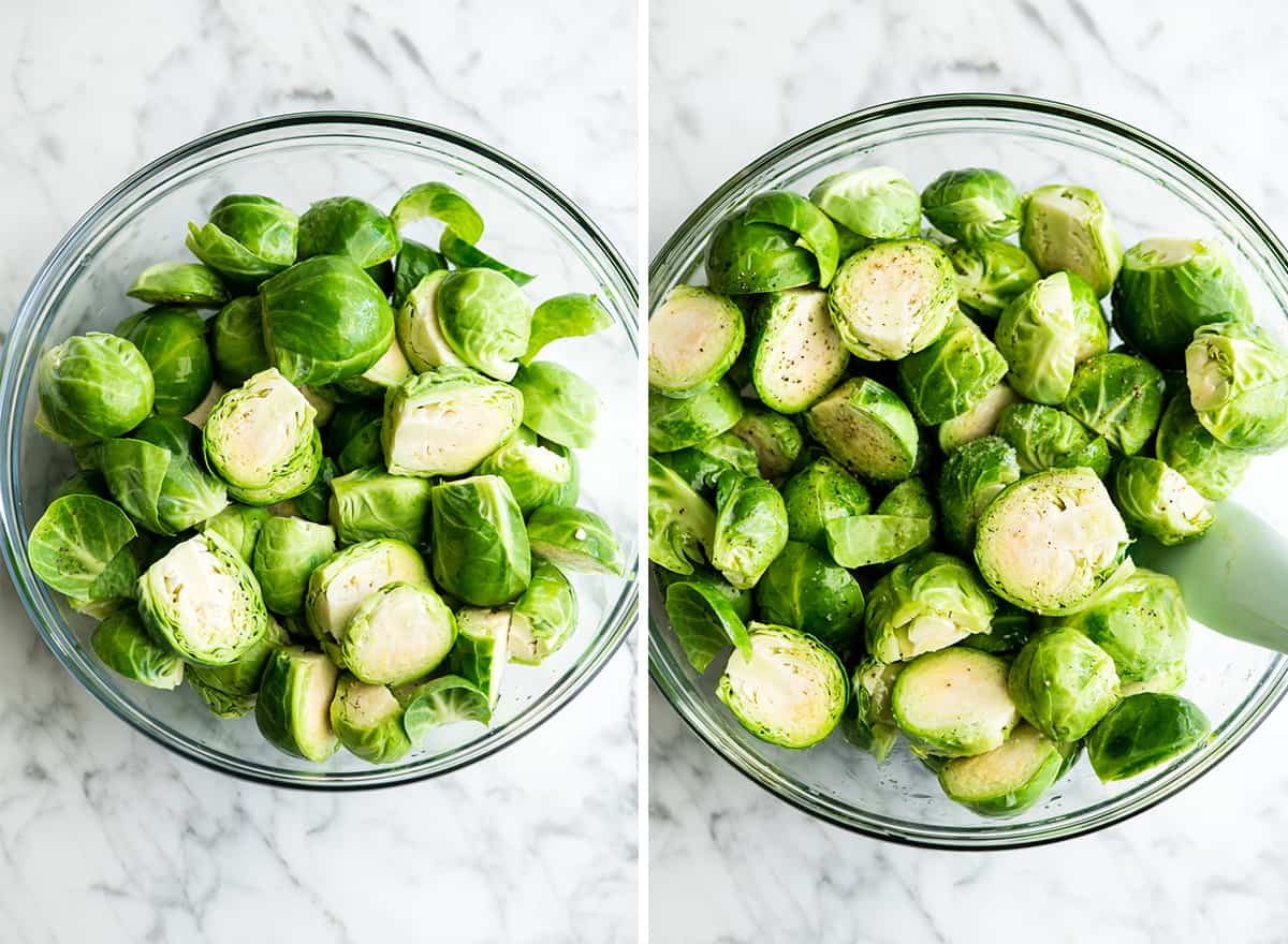 two overhead photos showing how to make roasted brussel sprouts