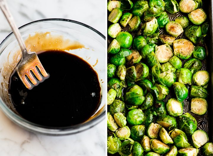 two photos showing how to make balsamic roasted brussel sprouts