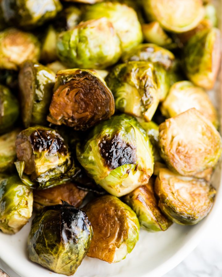 up close overhead view of balsamic roasted brussel sprouts 