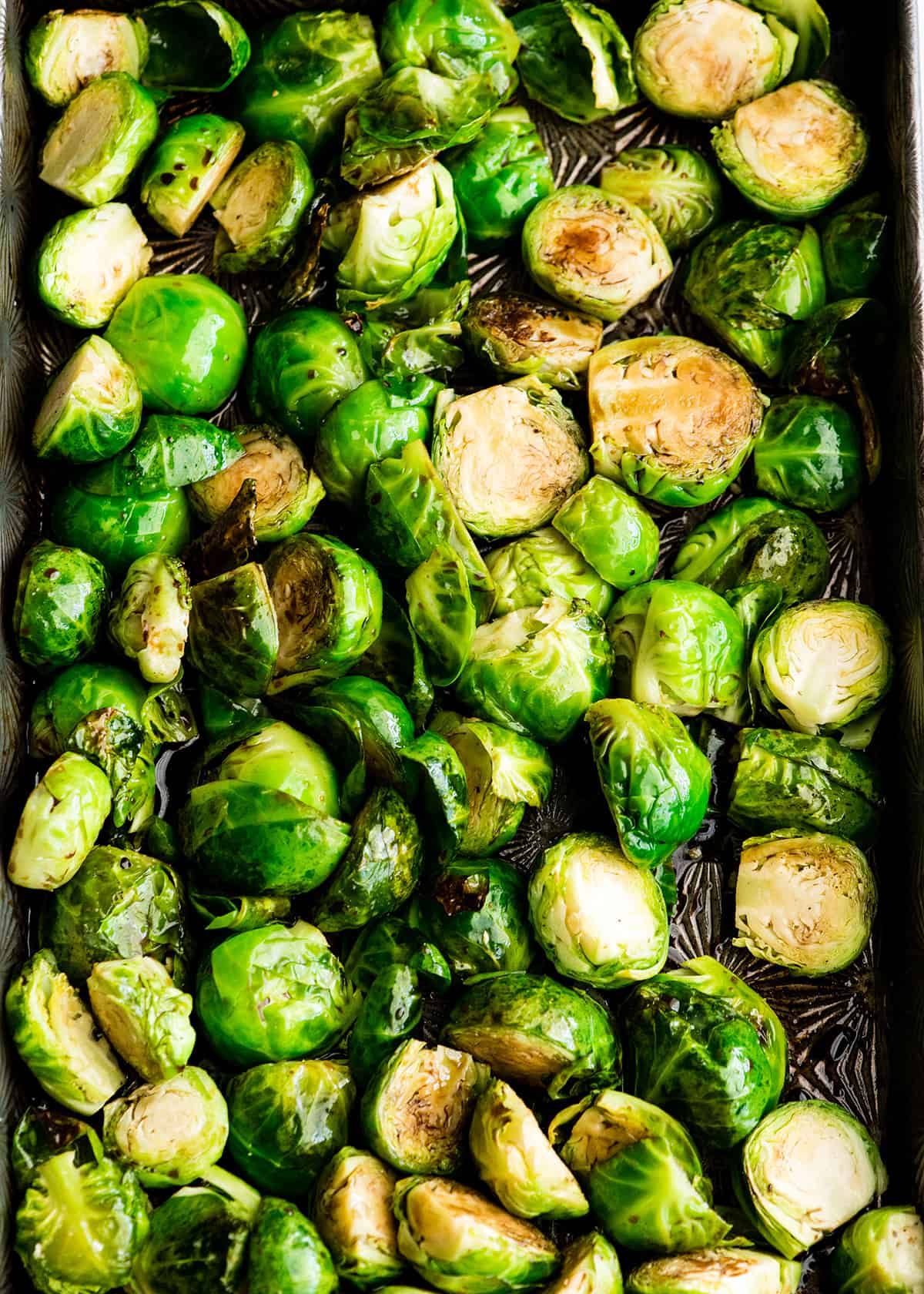 partially roasted Brussels sprouts after adding balsamic glaze