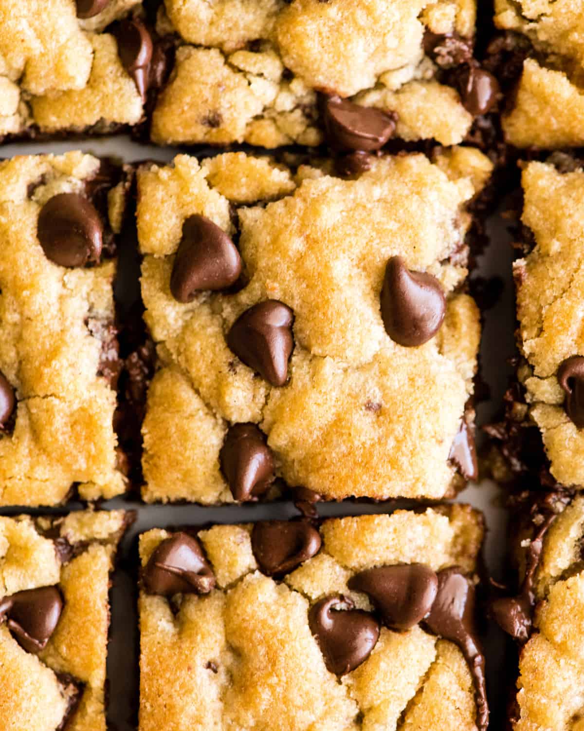 overhead view of 9 chocolate chip cookie bars
