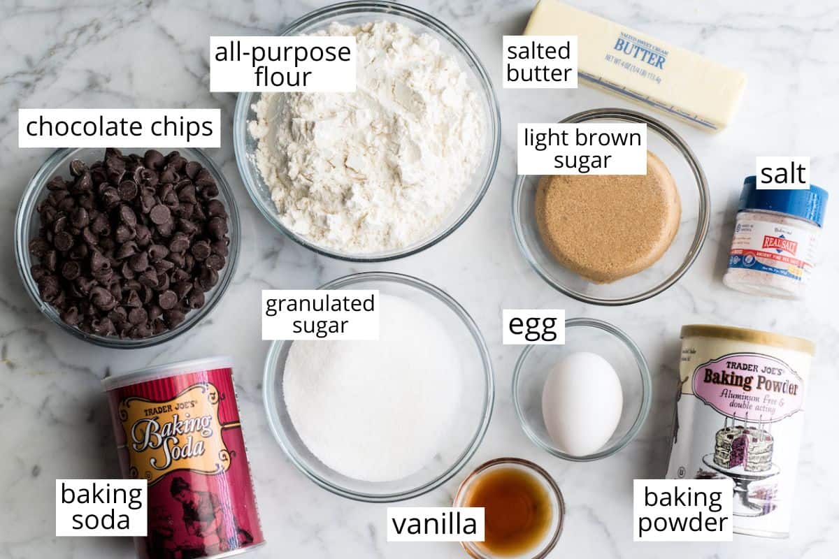 overhead view of the labeled ingredients in this chocolate chip cookie bar recipe