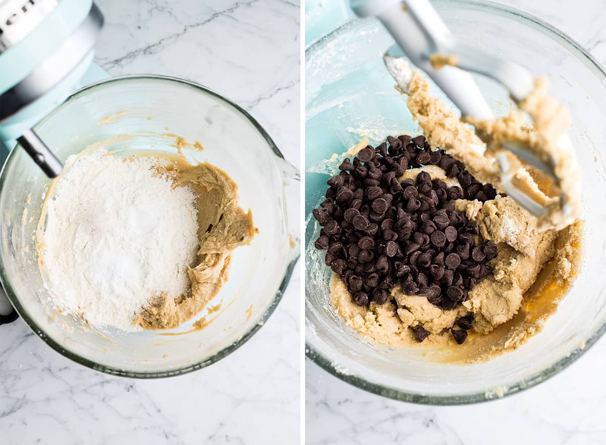 two phots showing how to make this chocolate chip cookie bar recipe