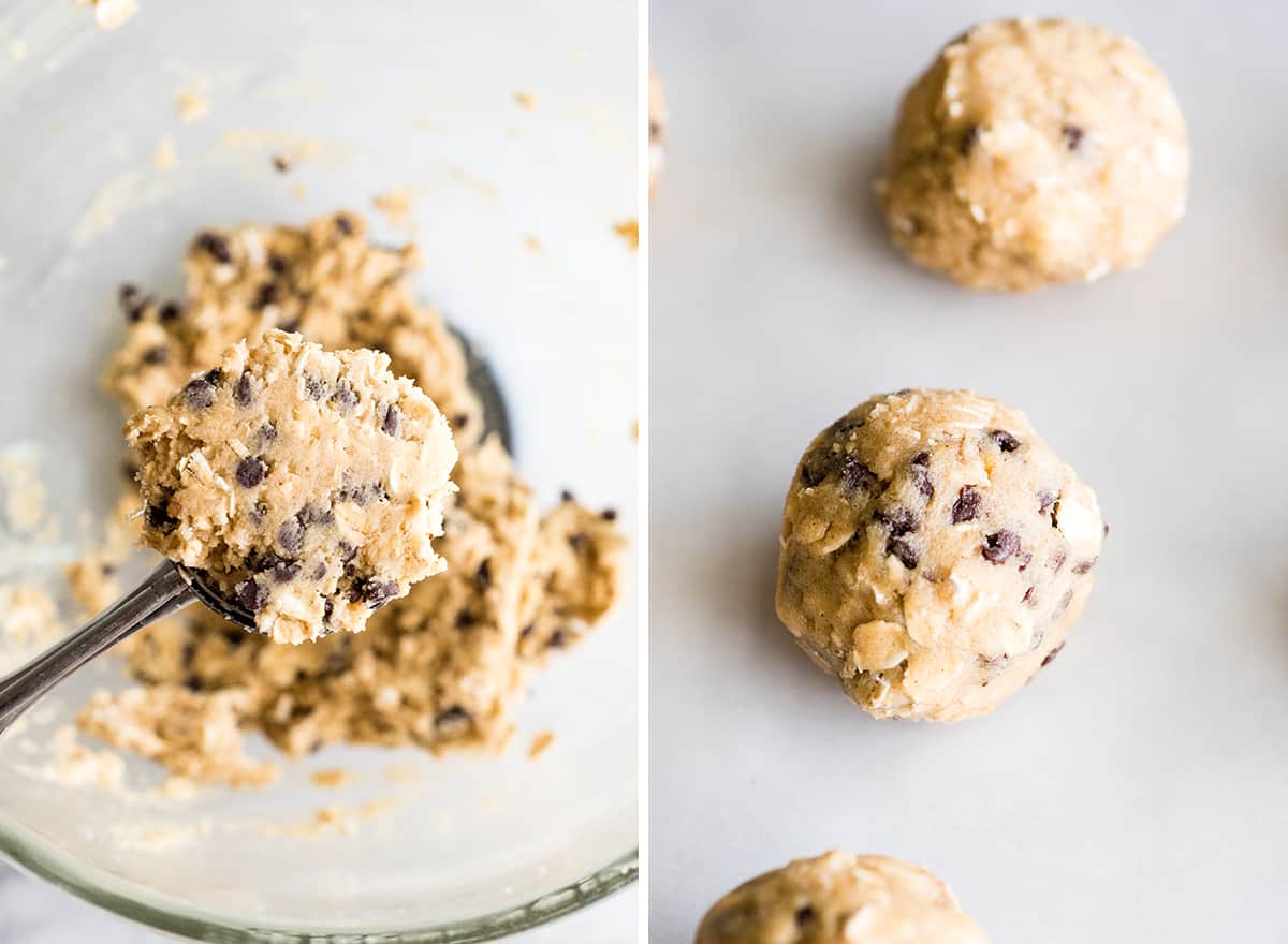 photo showing How to make Oatmeal Cookies measuring & rolling dough into balls