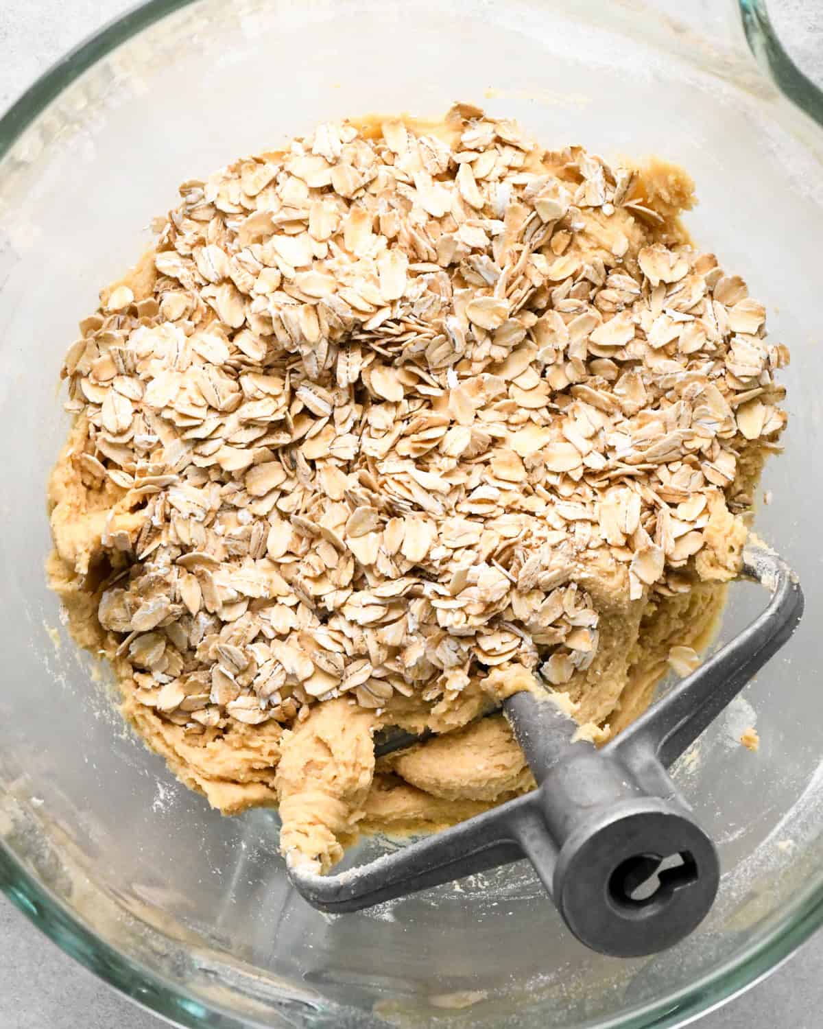 oatmeal added to the oatmeal cookie dough  in a mixer with the paddle attachement