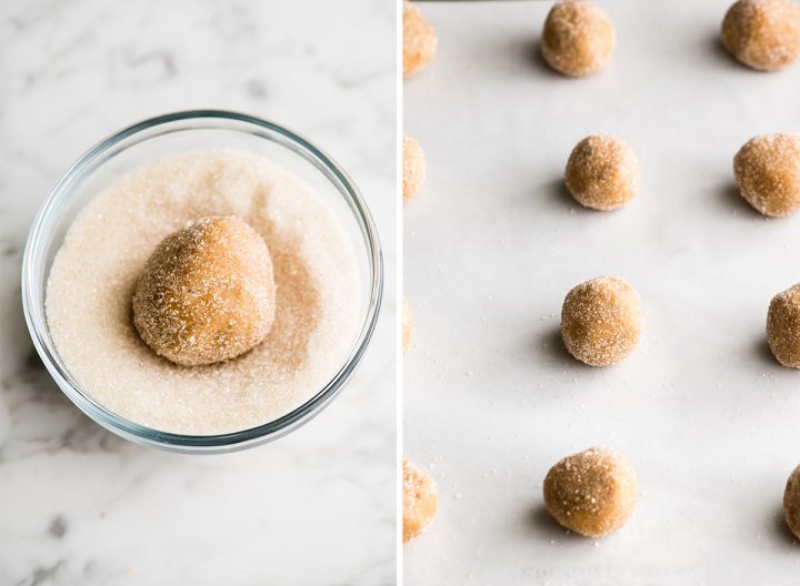 two photos showing how to roll peanut butter blossoms in sugar