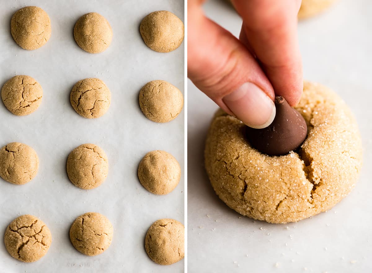 two photos showing putting Hershey kisses into baked peanut butter blossom cookies