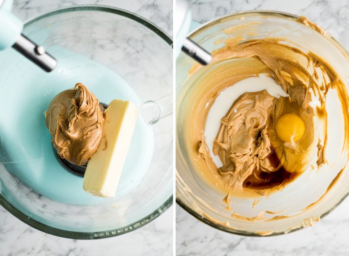 two overhead photos showing how to make peanut butter blossom cookies
