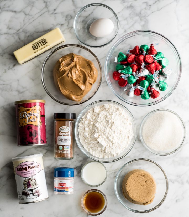 overhead view of the ingredients in peanut butter blossom cookies recipe