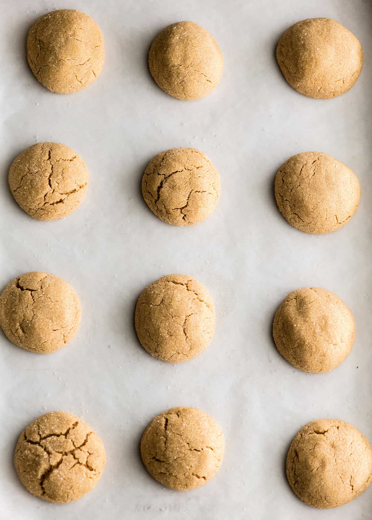 making peanut butter blossoms - 12 baked peanut butter blossom cookies on a baking sheet lined with parchment paper after baking