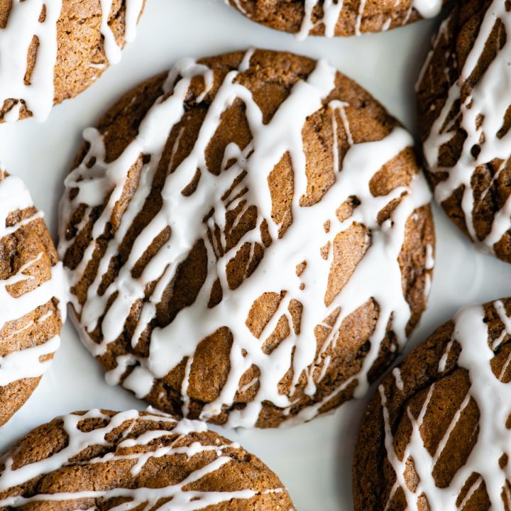overhead view of soft gingerbread cookies with a gingerbread glaze