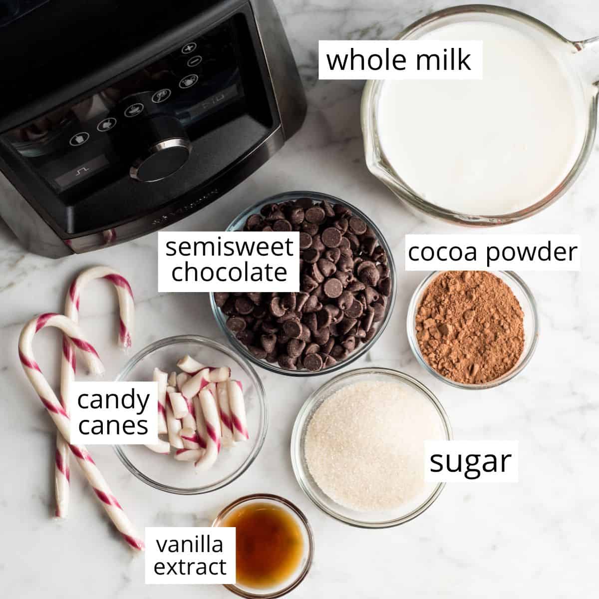 overhead view of the labeled ingredients in peppermint hot chocolate