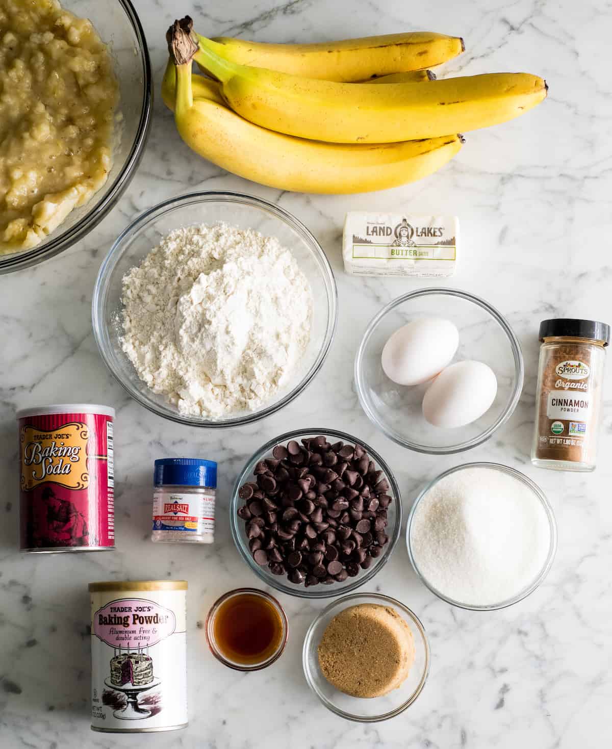 overhead view of the ingredients in this Chocolate Chip Banana Bread recipe
