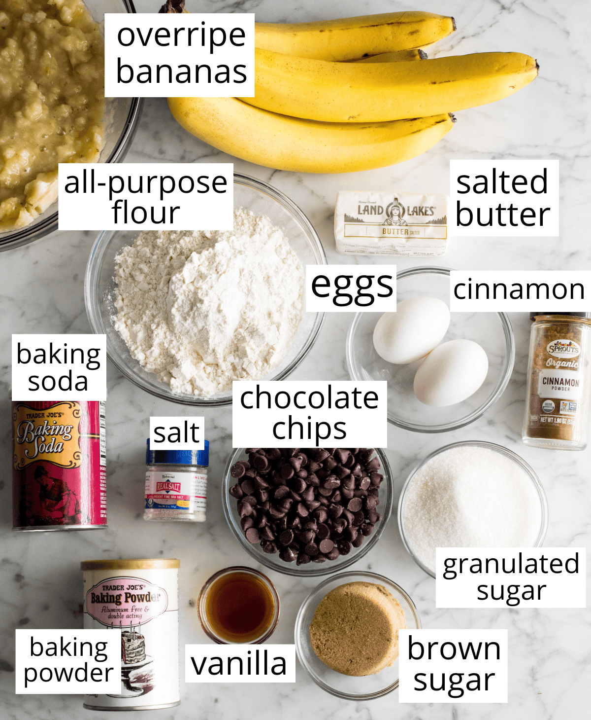 overhead view of the labeled ingredients in this Chocolate Chip Banana Bread recipe