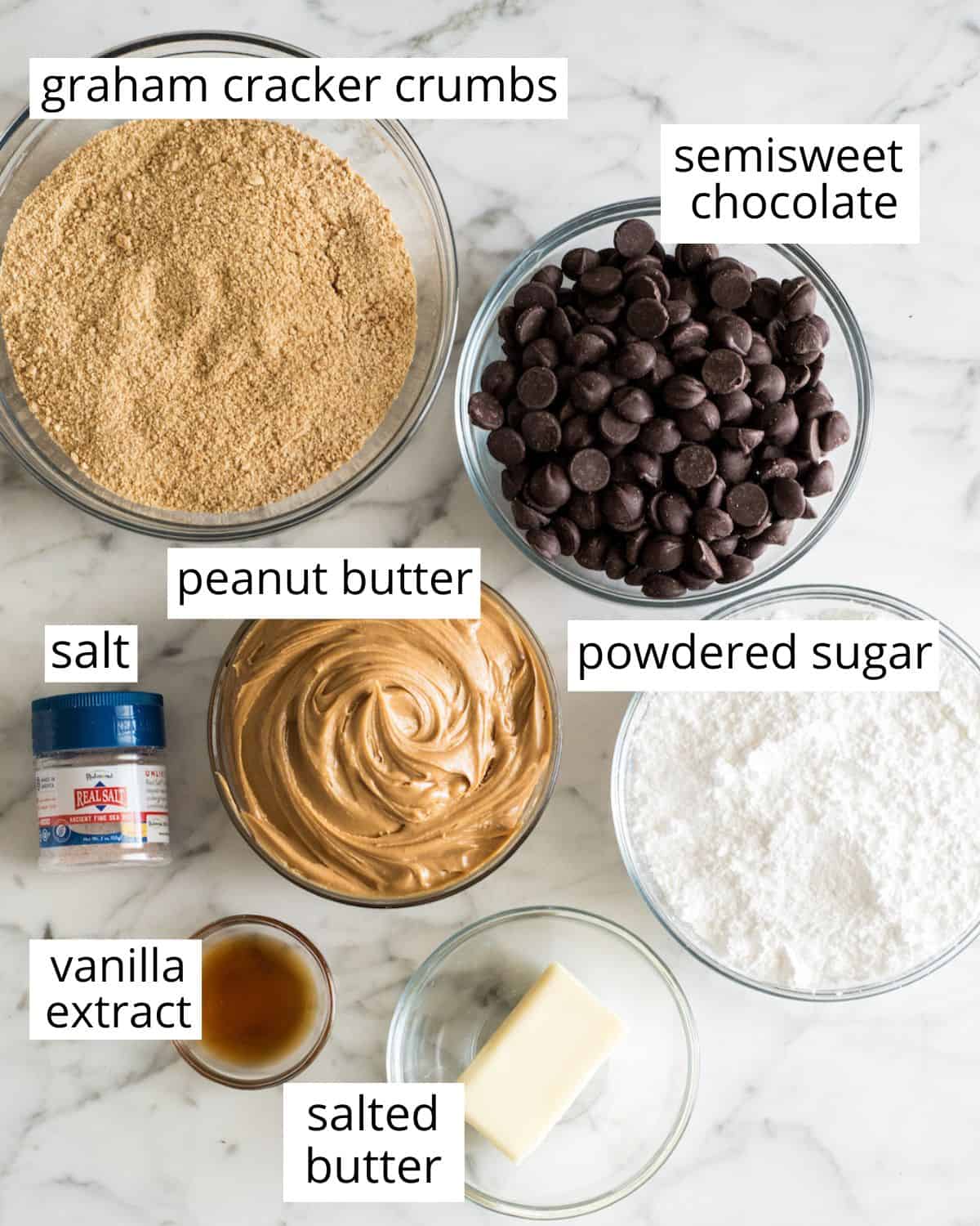 overhead photo of the labeled ingredients in this chocolate peanut butter balls recipe
