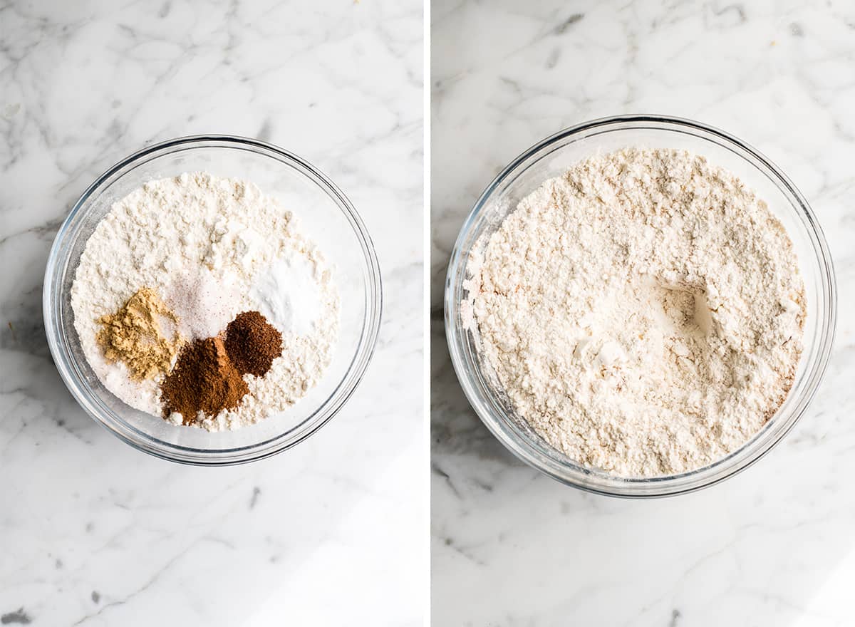 two overhead photos showing how to make gingerbread cookies - mixing dry ingredients