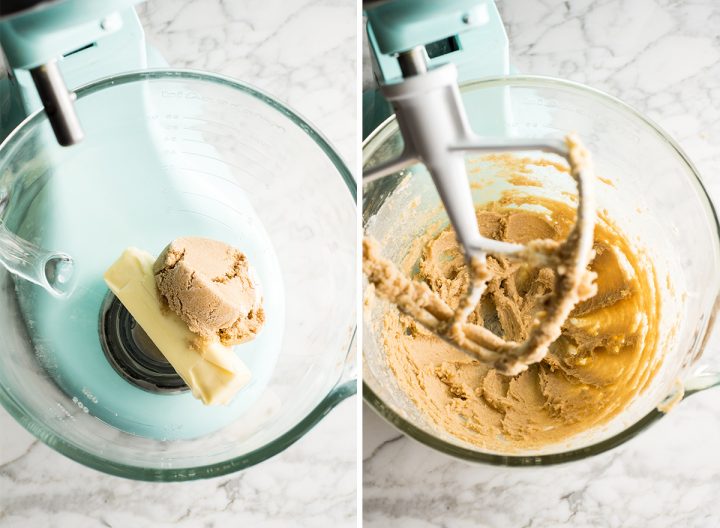 two overhead photos showing how to make gingerbread cookies - creaming butter and sugar
