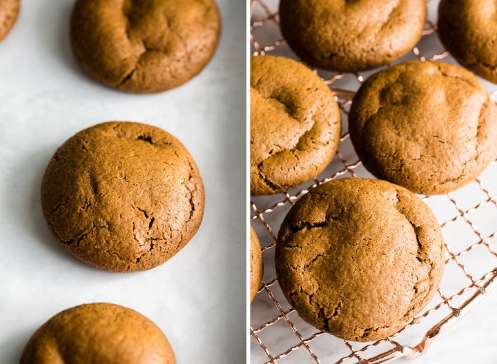 two phots showing soft gingerbread cookies cooling - baking and cooling