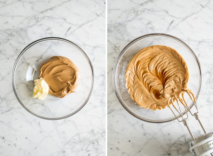 two overhead photos showing how to make peanut butter balls filling