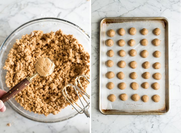two overhead photos showing how to make peanut butter balls portioning filling and forming into balls