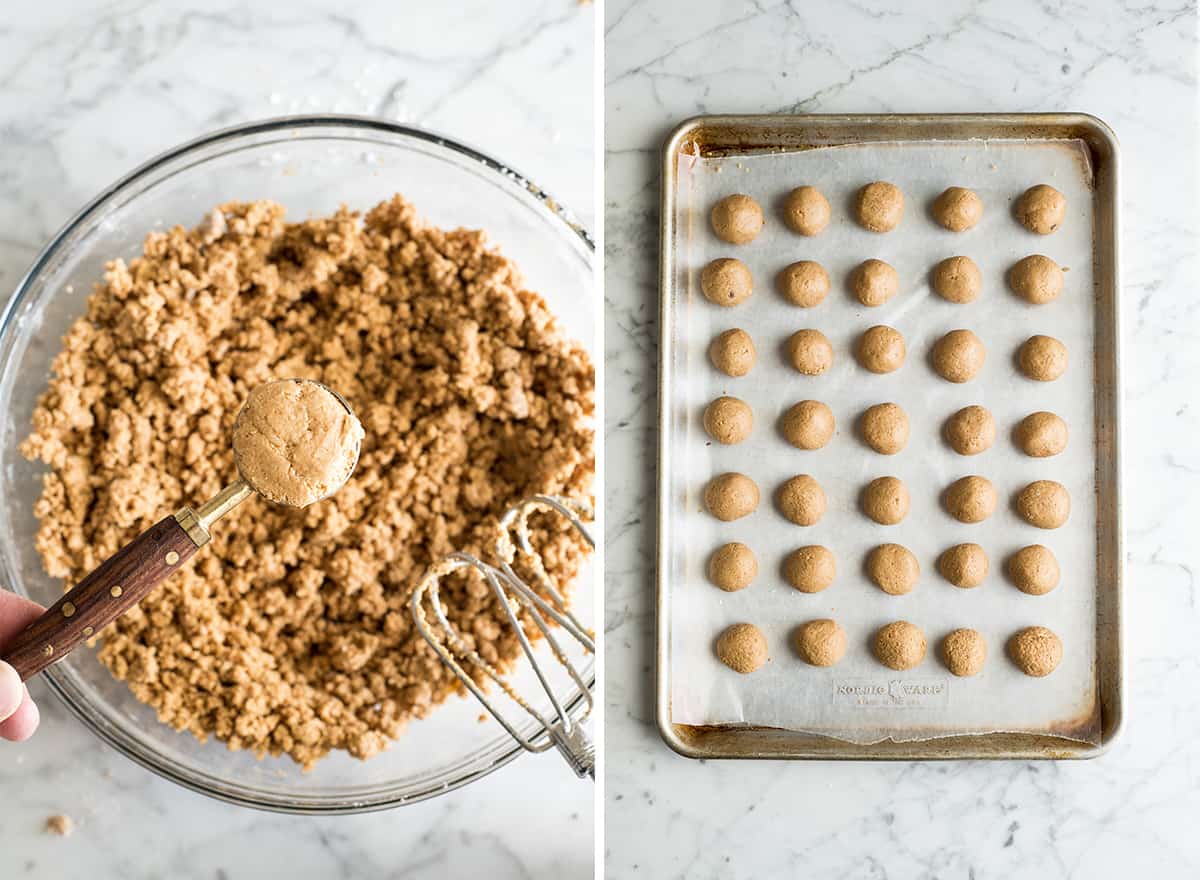 two overhead photos showing how to make peanut butter balls portioning filling and forming into balls