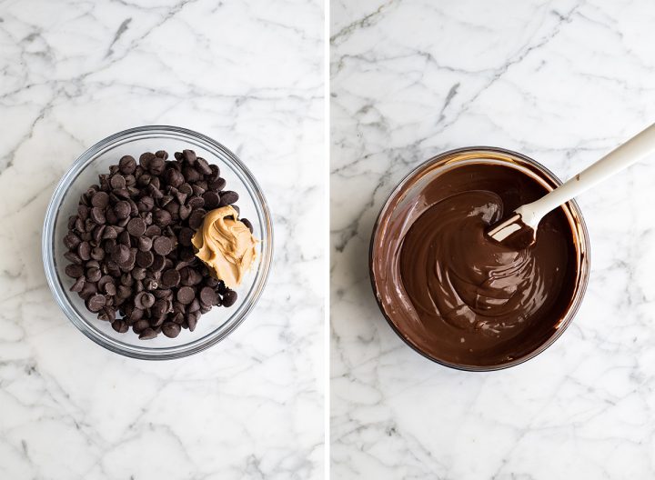 two overhead photos showing how to make chocolate coating