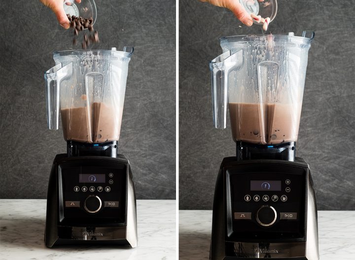 Two photos showing how to make peppermint hot chocolate in the Vitamix blender