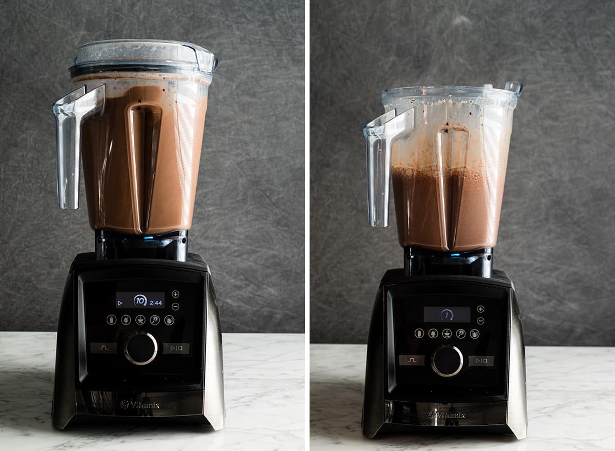 two photos showing how to make peppermint hot chocolate in the Vitamix blender