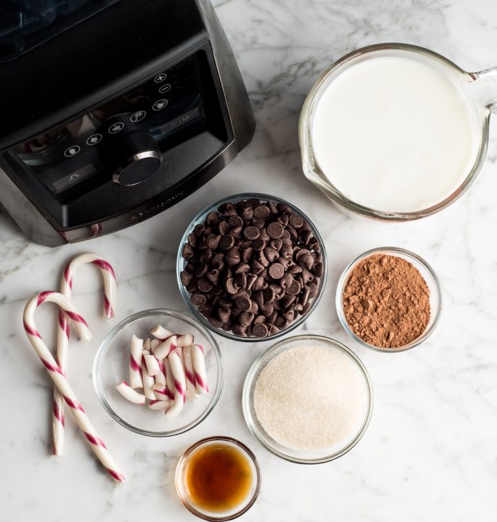 overhead view of the ingredients in peppermint hot chocolate