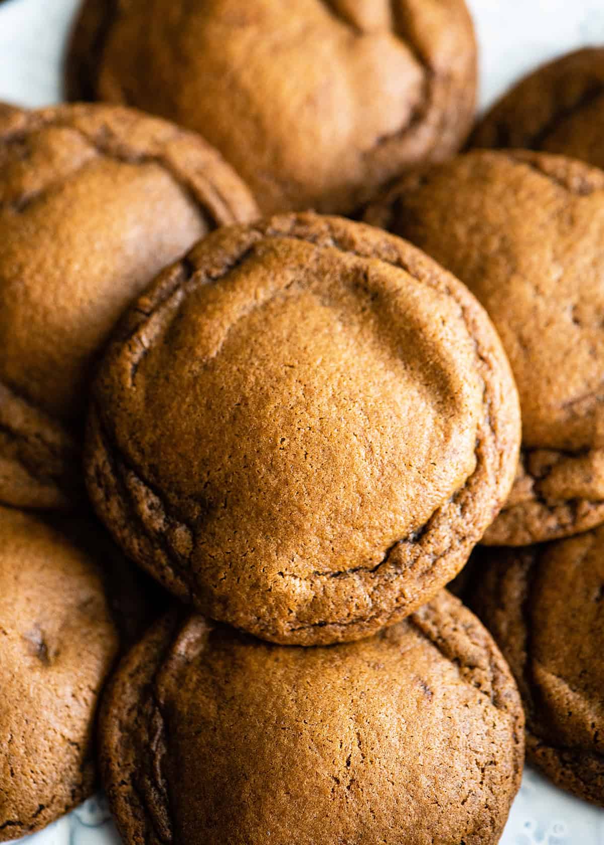 These Soft Gingerbread Cookies are the BEST gingerbread cookies ever! They have crispy edges with soft and chewy centers and are perfectly spiced! Plus they are so easy to make - no rolling or cutting-out necessary to enjoy this rich & nostalgic gingerbread recipe! Roll them in sugar, add a simple gingerbread glaze or serve them plain! #gingerbreadcookies #christmascookies #gingerbread close up photo of 8 soft gingerbread cookies stacked on a light blue plate so their chewy texture is visible.