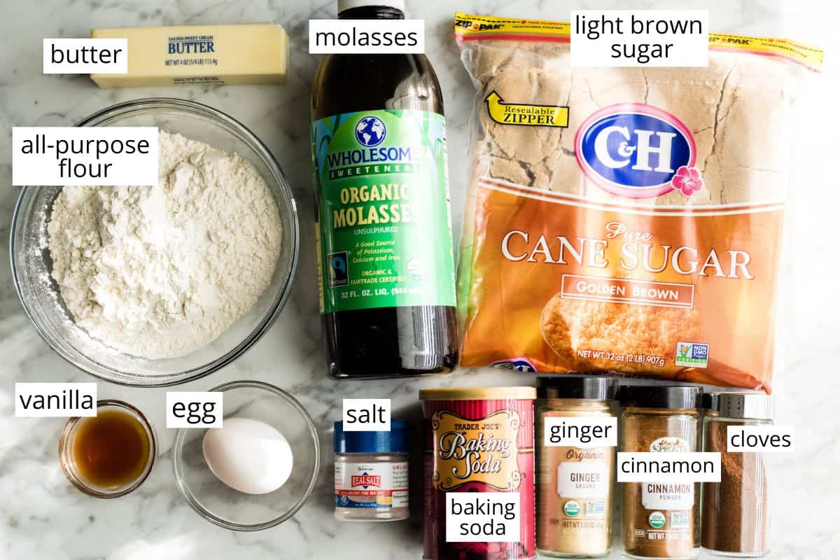 Overhead view of the labeled ingredients in this soft gingerbread cookie recipe