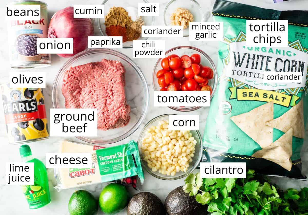 overhead photo of the labeled ingredients in this nachos recipe
