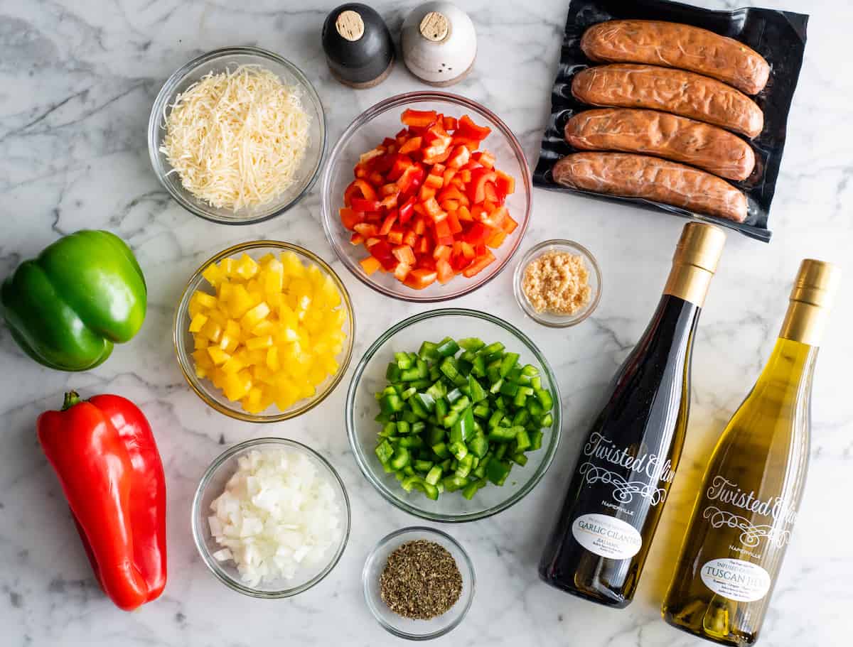 overhead view of the ingredients in this chicken sausage and peppers recipe