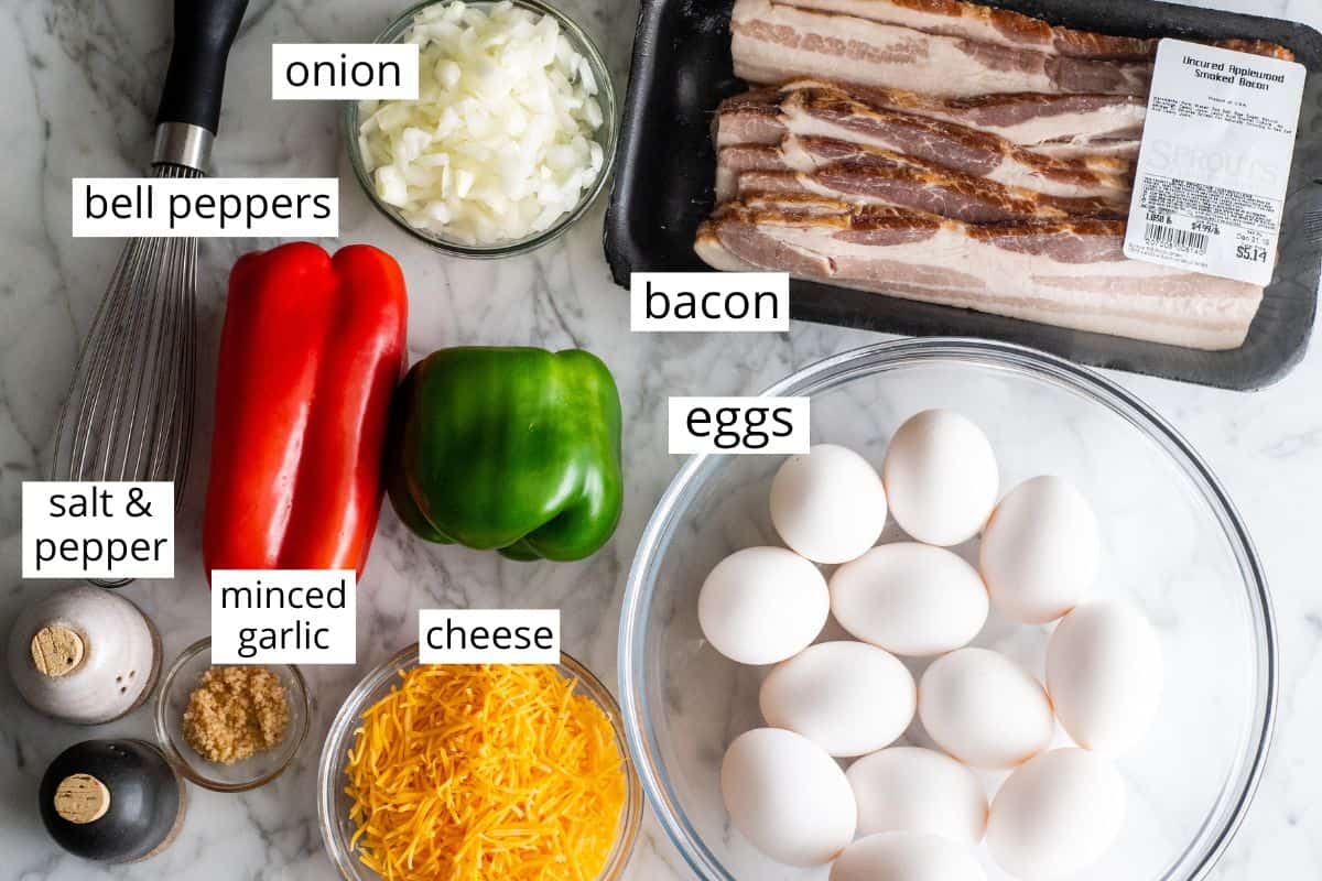 overhead view of the labeled ingredients in this egg casserole recipe
