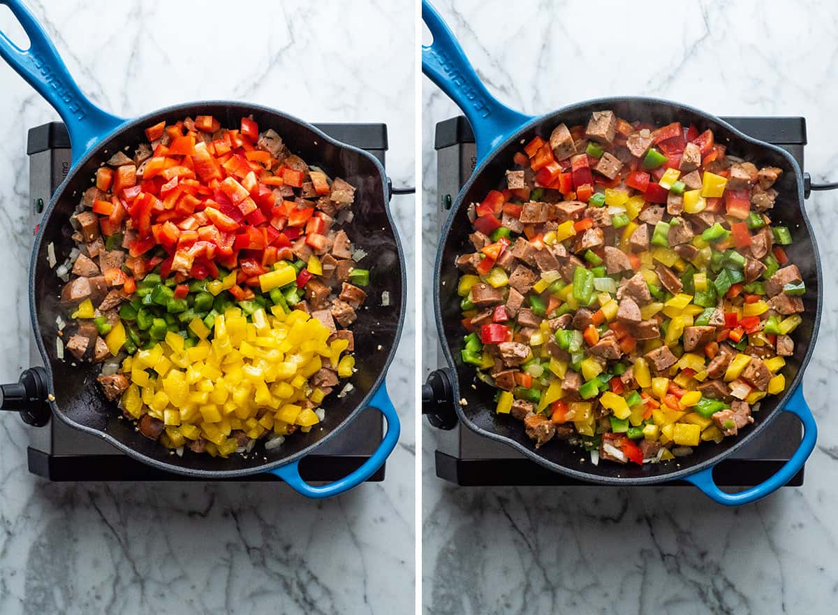 two overhead photos showing how to make chicken sausage and peppers recipe