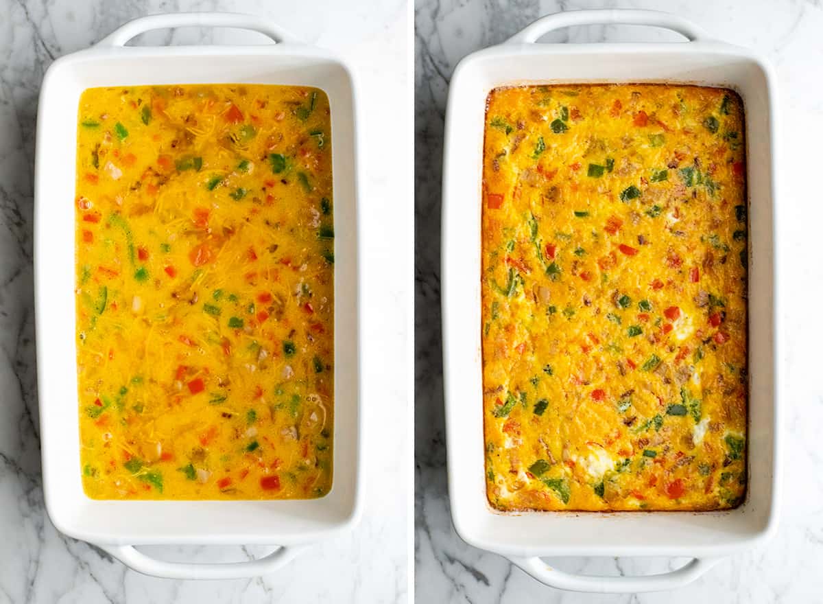 two photos showing how to make egg casserole - in a white baking dish before and after baking
