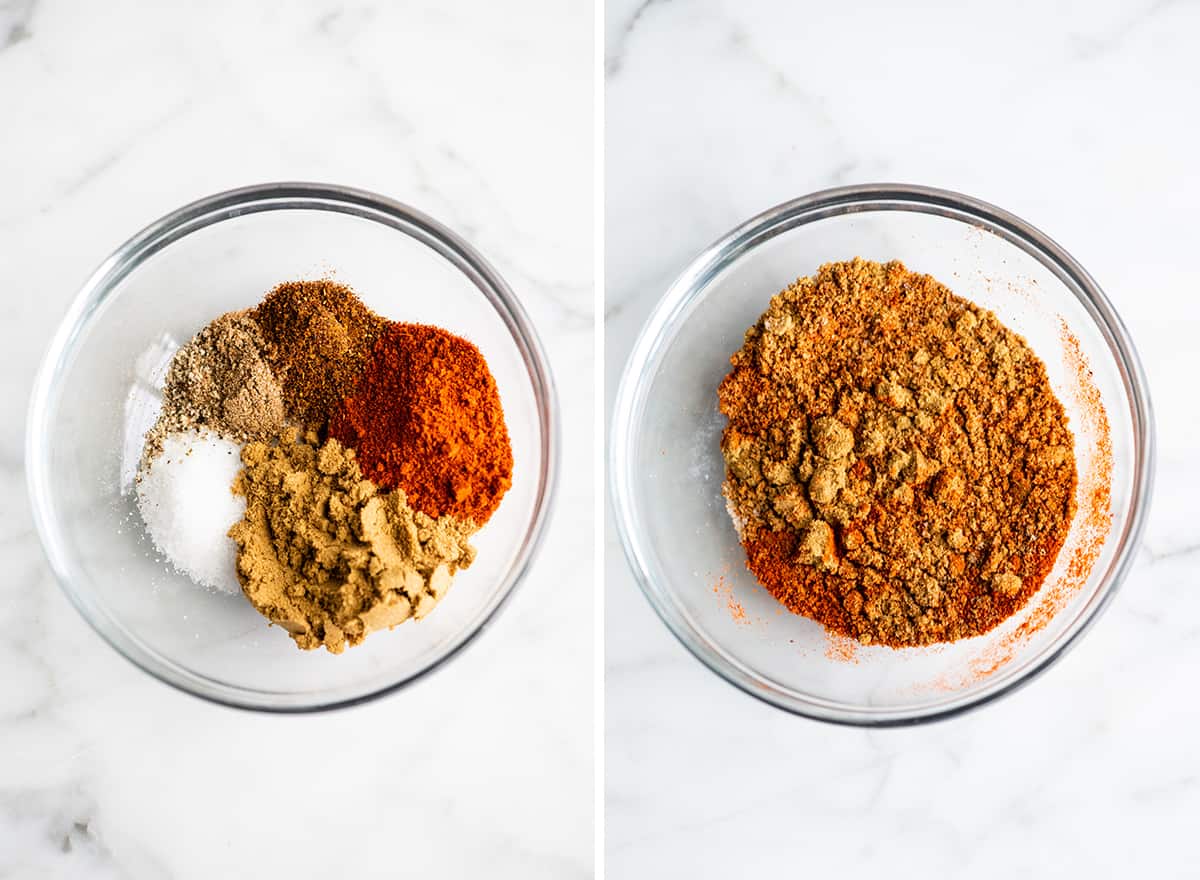 two overhead photos showing how to make the nachos seasoning