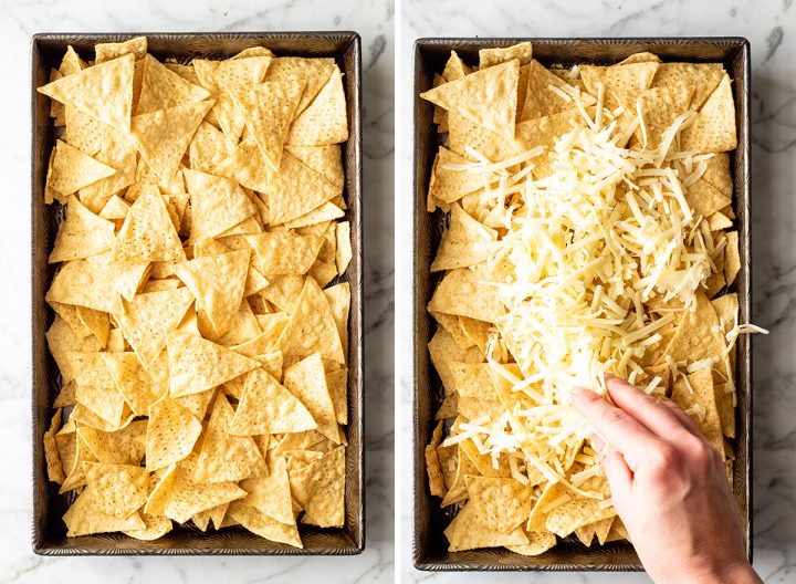 two overhead photos showing how to make nachos