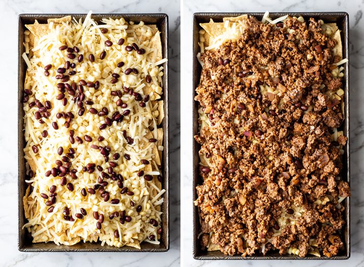 two overhead photos showing how to make nachos