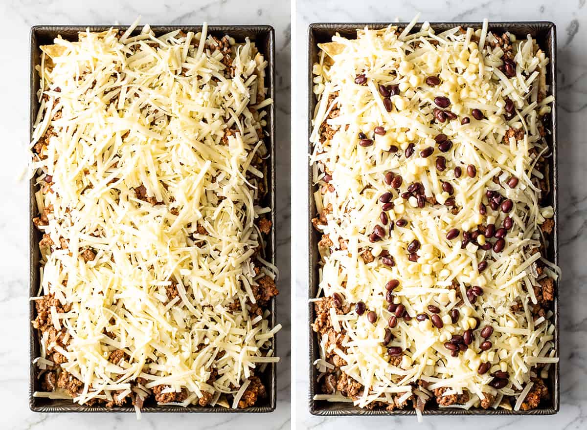 two overhead photos showing how to make nachos 