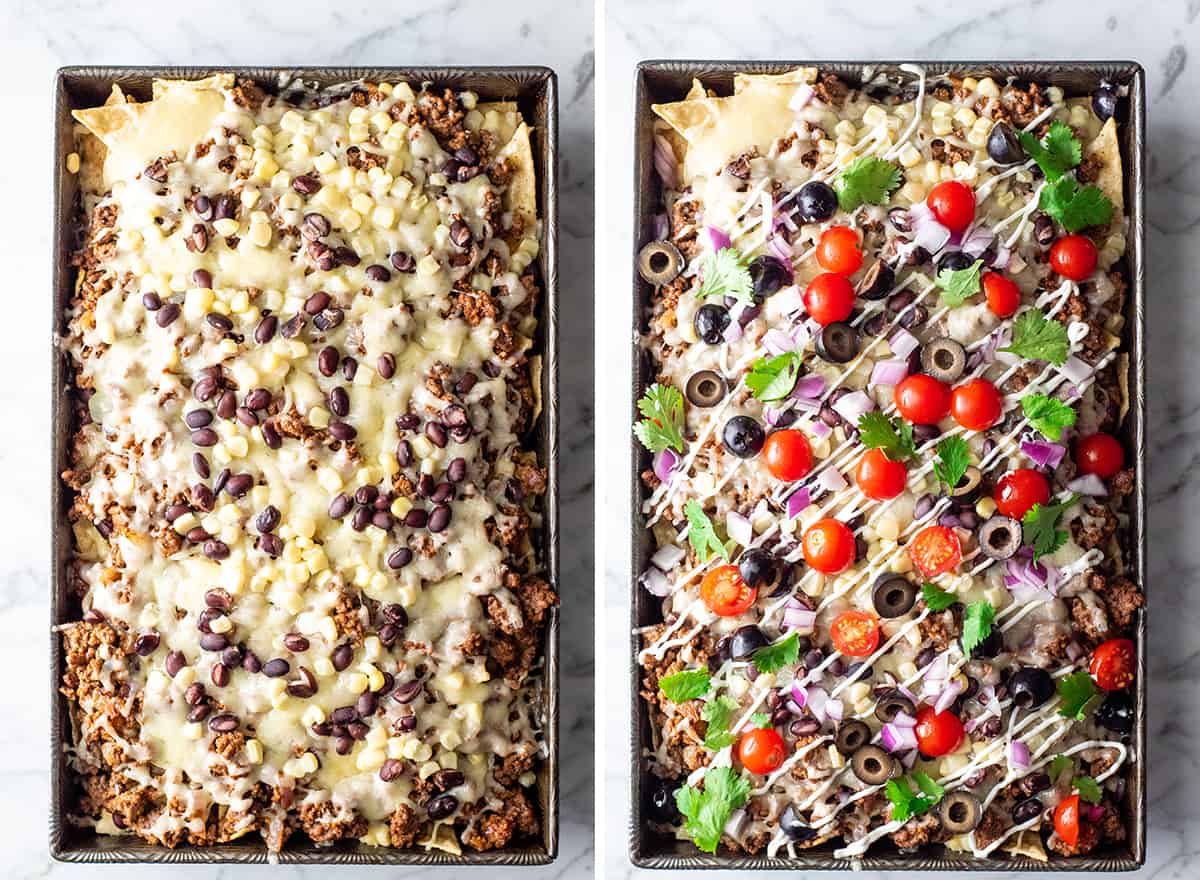 two overhead photos showing how to make this nachos recipe