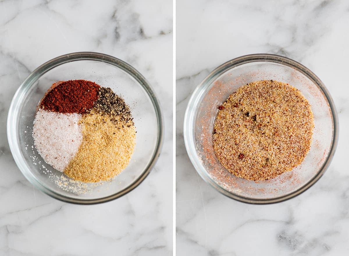 two overhead photos showing how to roast broccoli -  making the spice mixture
