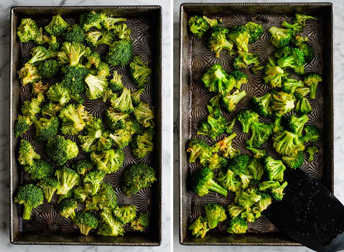 two overhead photos showing how to roast broccoli in a baking pan 