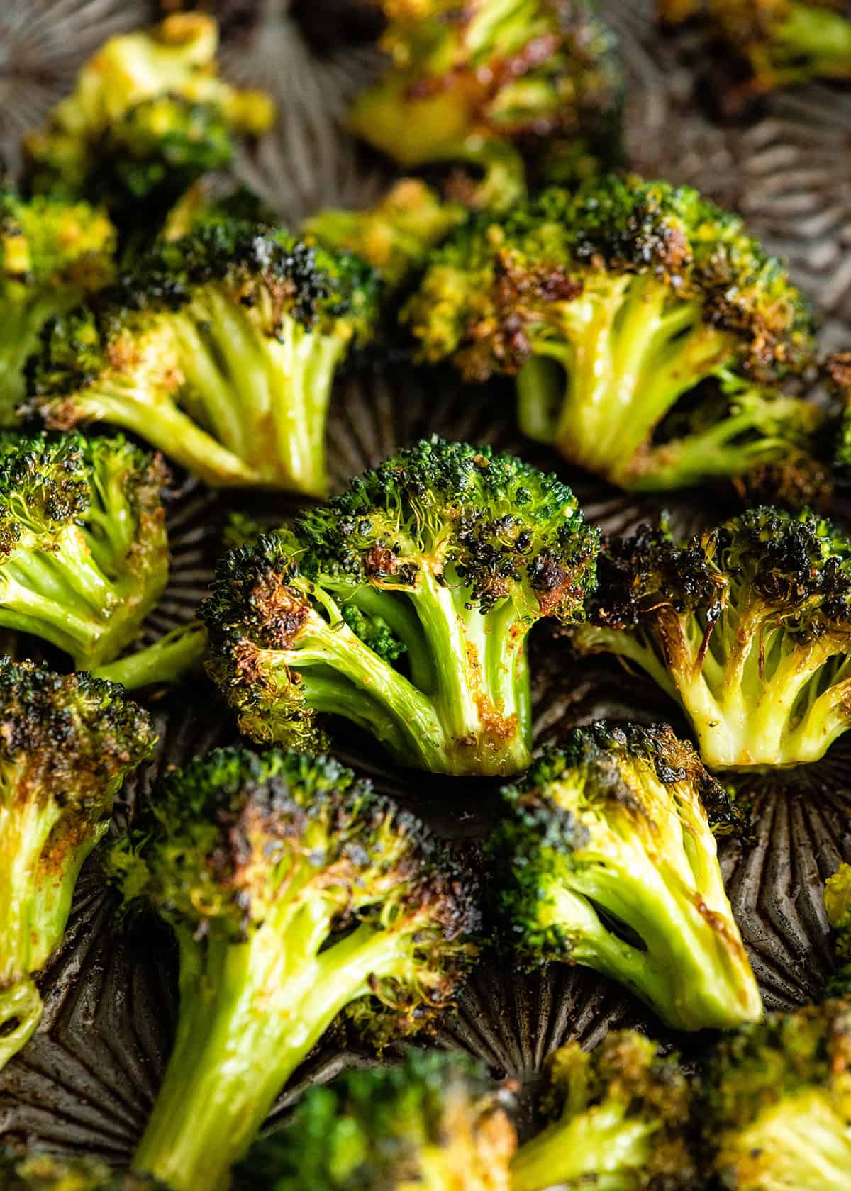how to roast broccoli in the oven - broccoli on a baking sheet after roasting