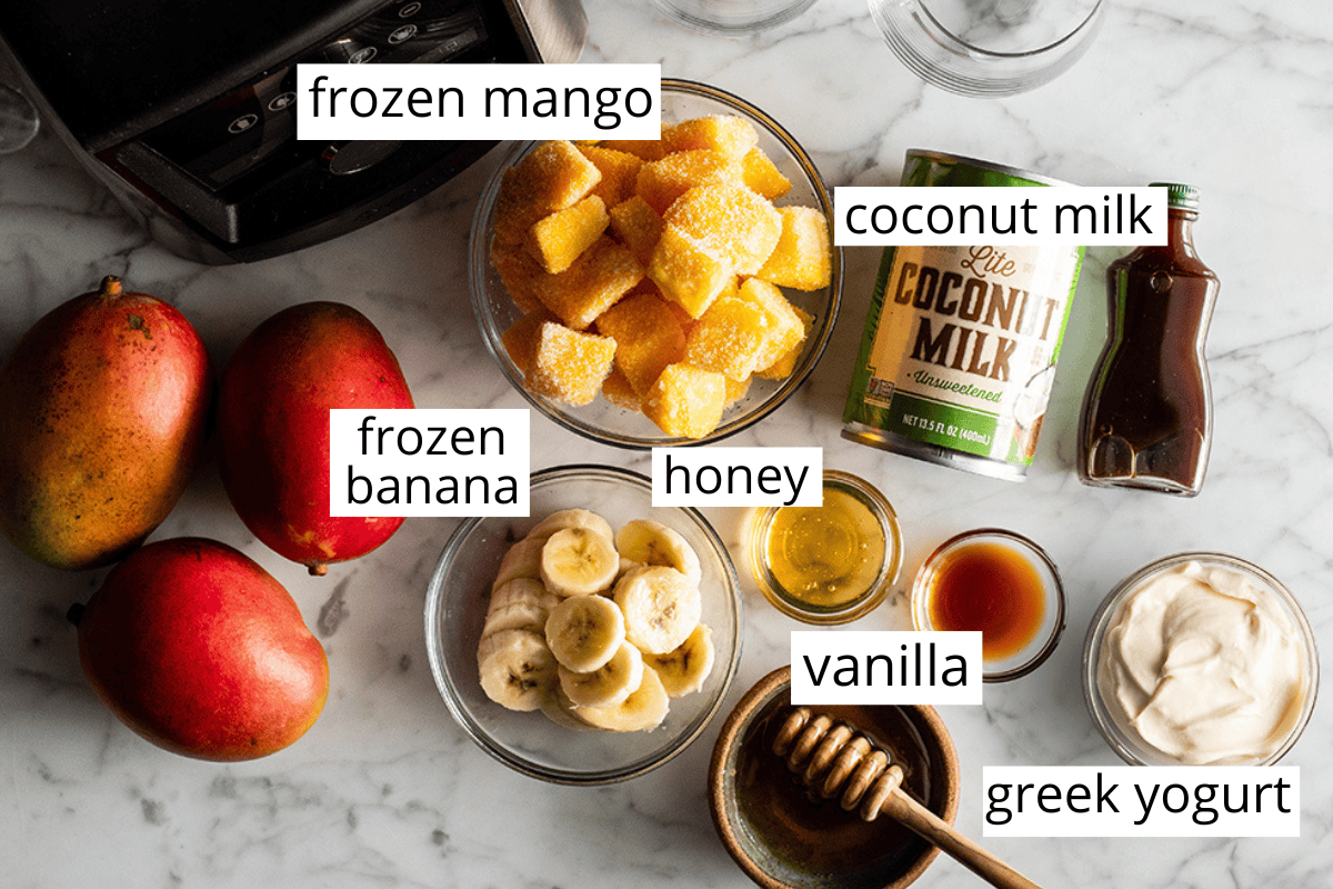The BEST mango smoothie recipe! This healthy & easy mango smoothie is made in 5 minutes with 6 ingredients (including coconut milk, yogurt and banana)! It's ultra creamy and you can use fresh or frozen mango and easily make it dairy-free! #smoothie #mango #mangosmoothie #healthy #recipe #joyfoodsunshine overhead view of the labeled ingredients in this mango smoothie recipe in bowls like frozen mango, frozen banana, honey, vanilla, greek yogurt and coconut milk