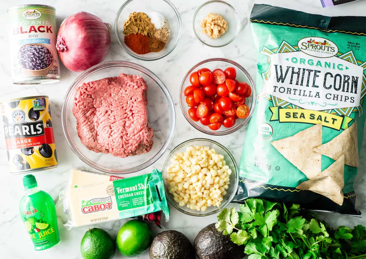 overhead photo showing the ingredients in this nachos recipe