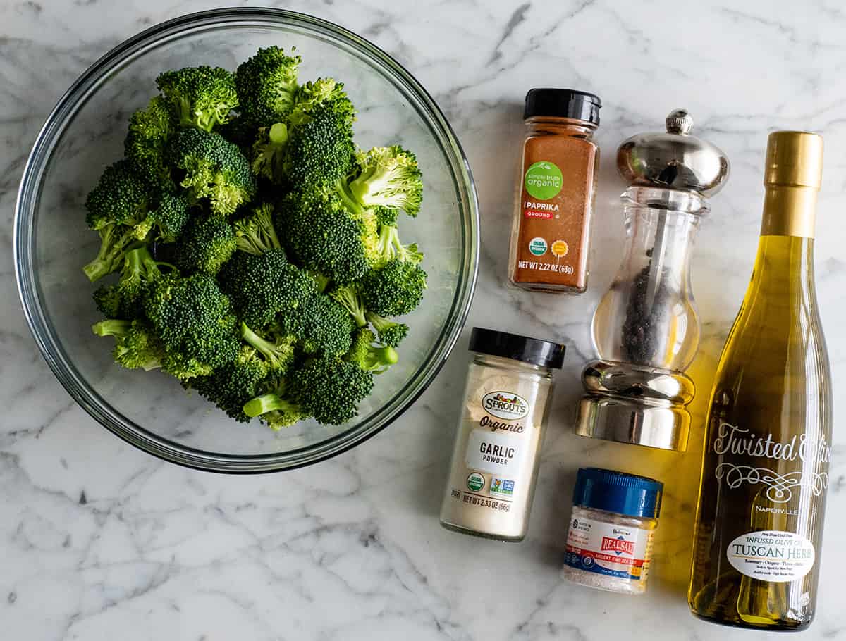 overhead view of the ingredients in this roasted broccoli recipe